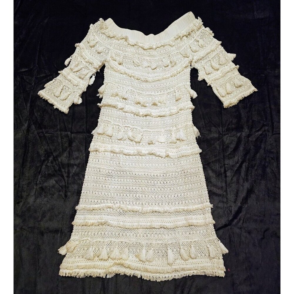 Ruby Yaya Boho Crochet Tasseled Off The Shoulder Dress Ecru Women's Sz 7-8